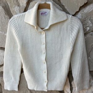 Vintage‎ Allegro Cardigan Sweater XS Ivory Cable Knit Collared Long Sleeve EC
